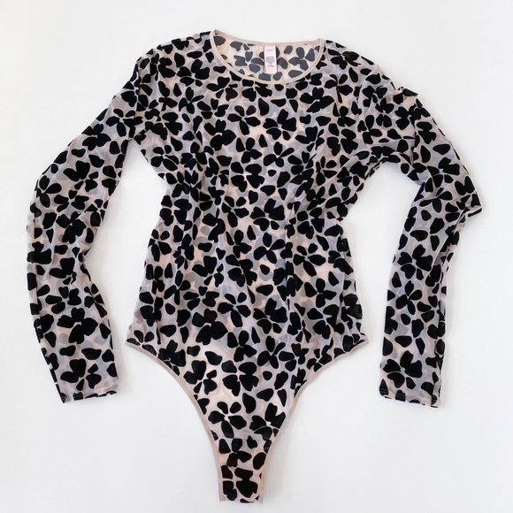 VS Sheer Long Sleeve Bodysuit with Black Velvet Floral Patterning - Picture 1 of 7